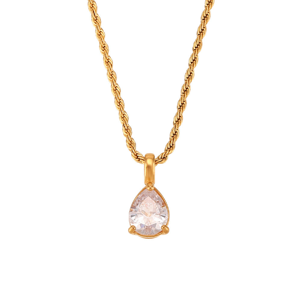 Fashionable Vintage Geometric Stainless Steel Twisted Rope Necklace with Teardrop Rhinestone Pendant for Women
