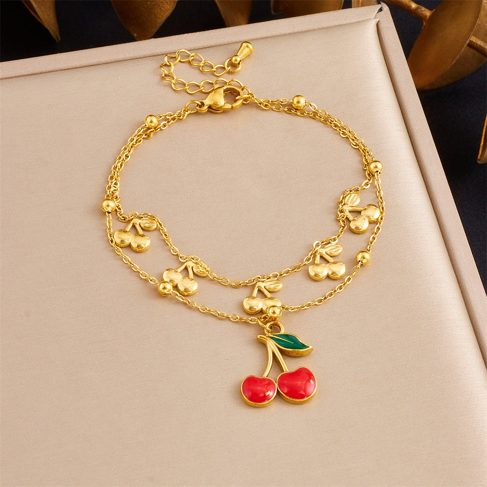 Minimalist Sweet Drip Oil Plated Stainless Steel Rhinestone Cherry Fruit Pendant Necklace and Bracelet Set with Singapore Chain for Women
