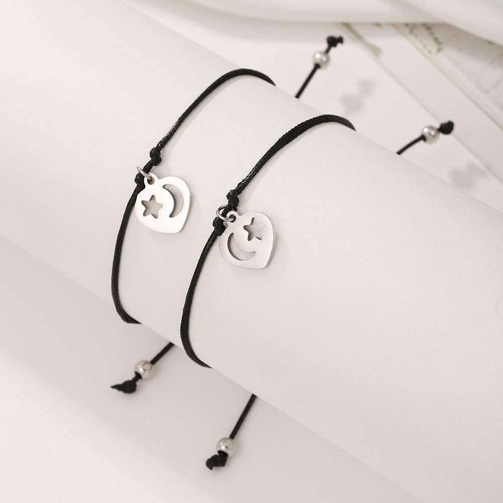 Elegant Hollow Star Moon Heart Rhinestone Inlay Stainless Steel Bracelet Set for Couples