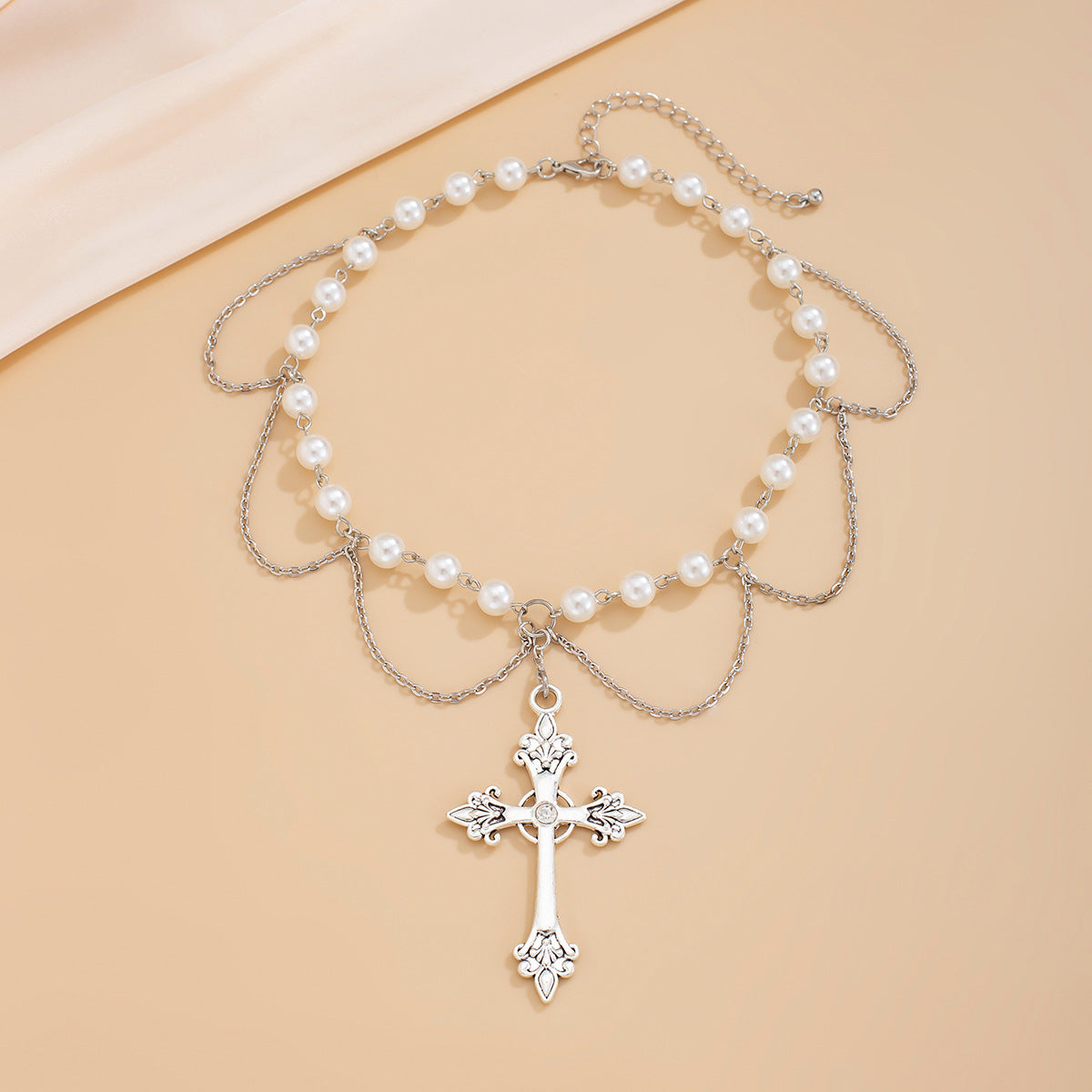 Minimalist Punk Cross Pearl Beaded Pendant Necklace Zinc Alloy Plated Women's Jewelry