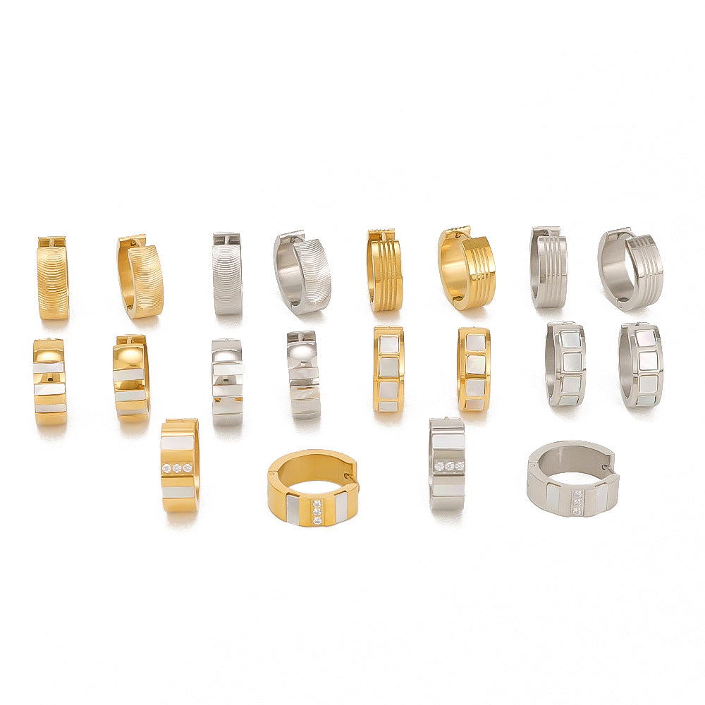 Minimalist Geometric Stainless Steel Hoop Earrings with Zircon Inlay and 18K Gold Vacuum Plating for Women