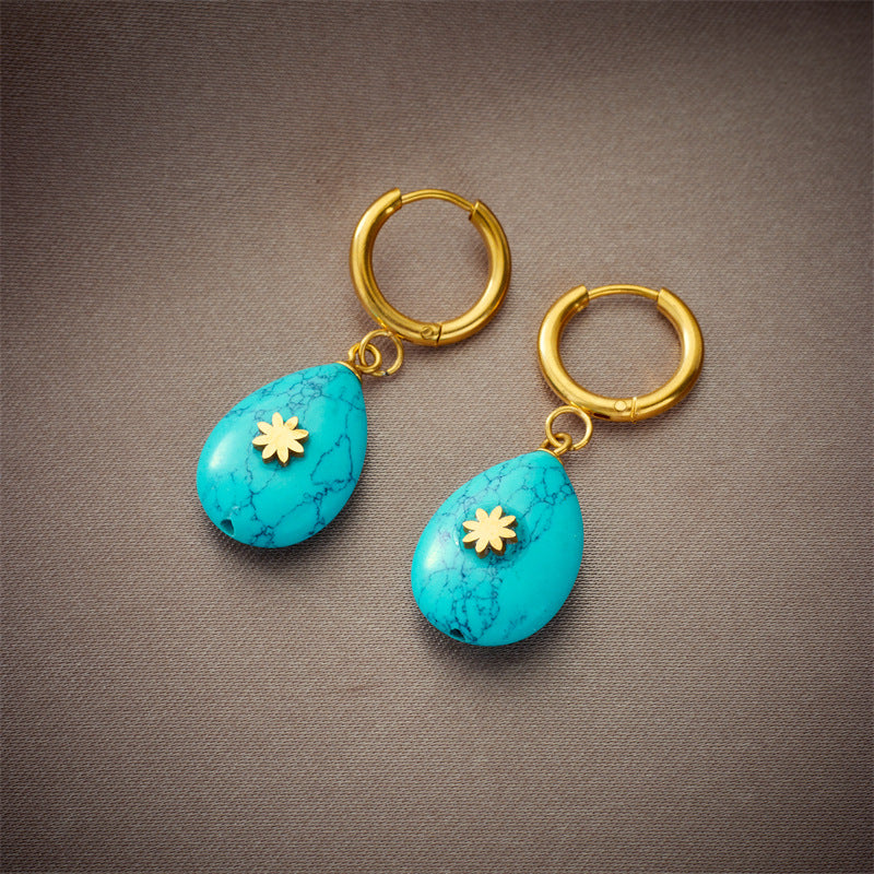 Vintage Minimalist Teardrop-Shaped Turquoise Earrings in Titanium Steel with Plated Finish