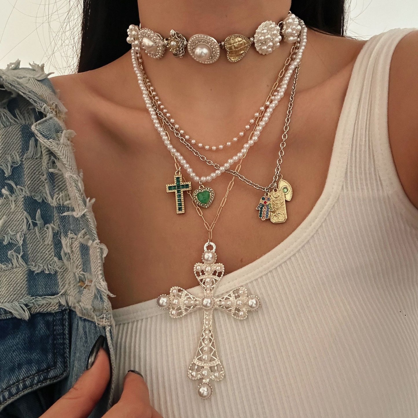 Collana multistrato da donna vintage dolce di lusso con cuore geometrico placcata in lega