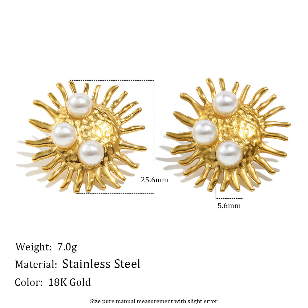Vintage Old Money Style Geometric Stainless Steel 18K Gold Plated Pearl Sunburst Stud Earrings for Women