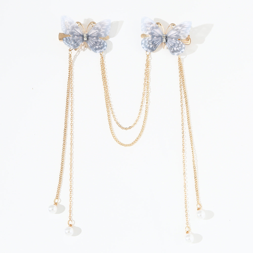 Ancient Chinese Style Butterfly Hairpin Set with Pearl Dangling Tassels for Girls, Metal Hair Clips with Delicate Flowing Fringe