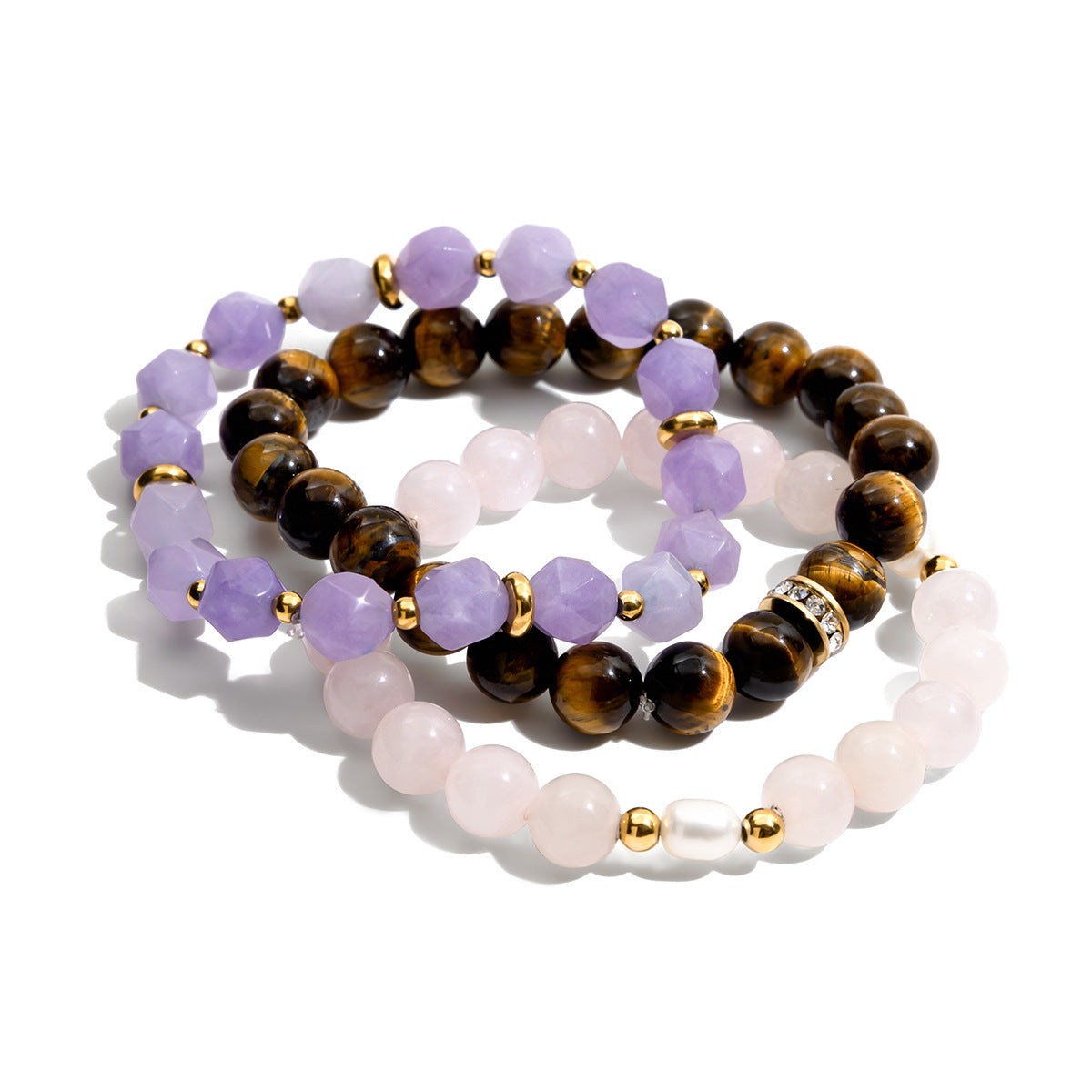 Pulsera geométrica de acero inoxidable con detalles de amatista y perlas bañada para mujer, joyería de lujo que no se deslustra