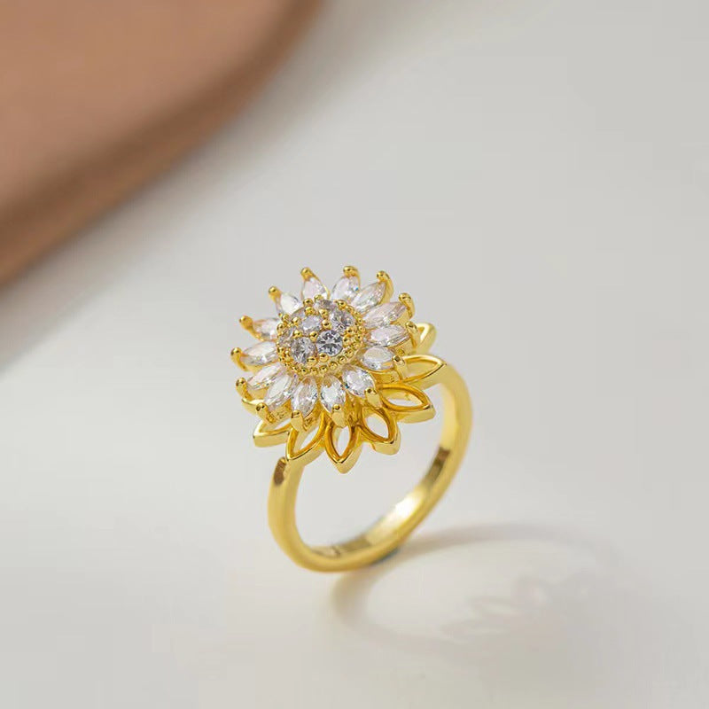 Anello Girevole a Girasole da Donna, Anello da Dito Aperto Minimalista in Rame Placcato con Design Artistico Floreale