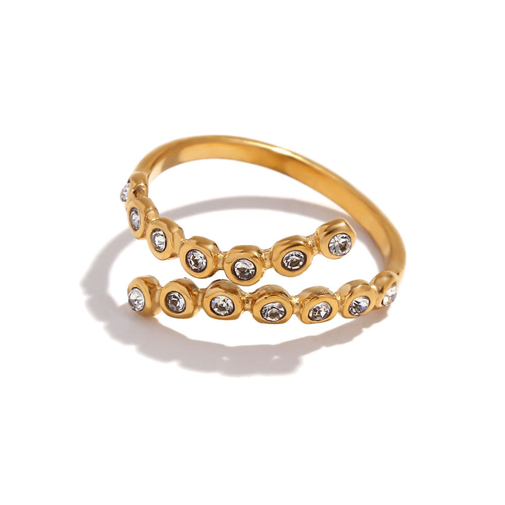 Creative Geometric Stainless Steel Ring with 18K Gold Plating and Micro-Pavé Rhinestones for Women