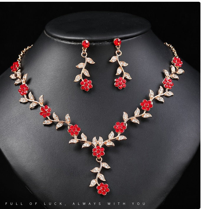 Vintage Retro Flower Shape Alloy Necklace and Earring Set with Colorful Rhinestone Inlay