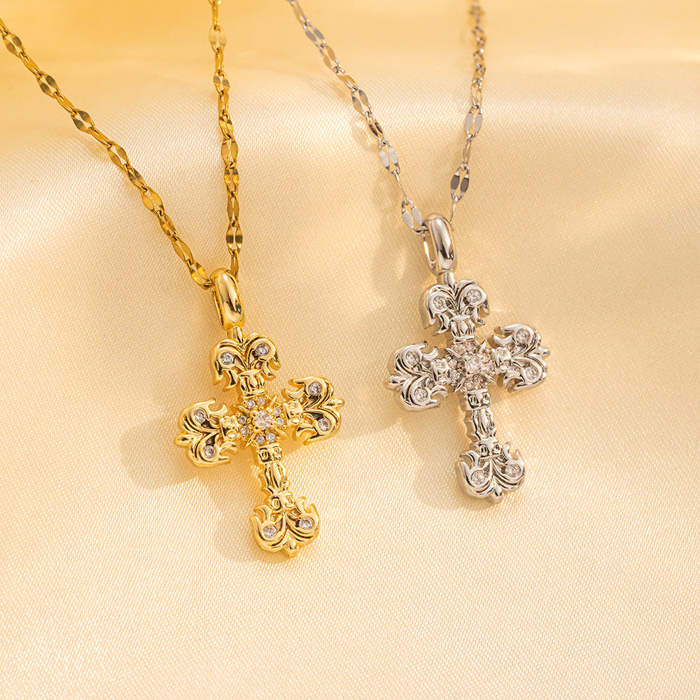 Collana con ciondolo a croce in stile vintage in acciaio al titanio con finitura dorata galvanizzata su catena a O per donna
