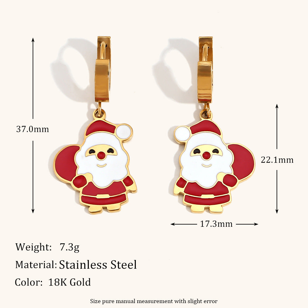 Fashionable OL Style Cartoon Santa Claus Sled Reindeer Christmas Tree Earrings for Women in Stainless Steel with 18K Gold Plating