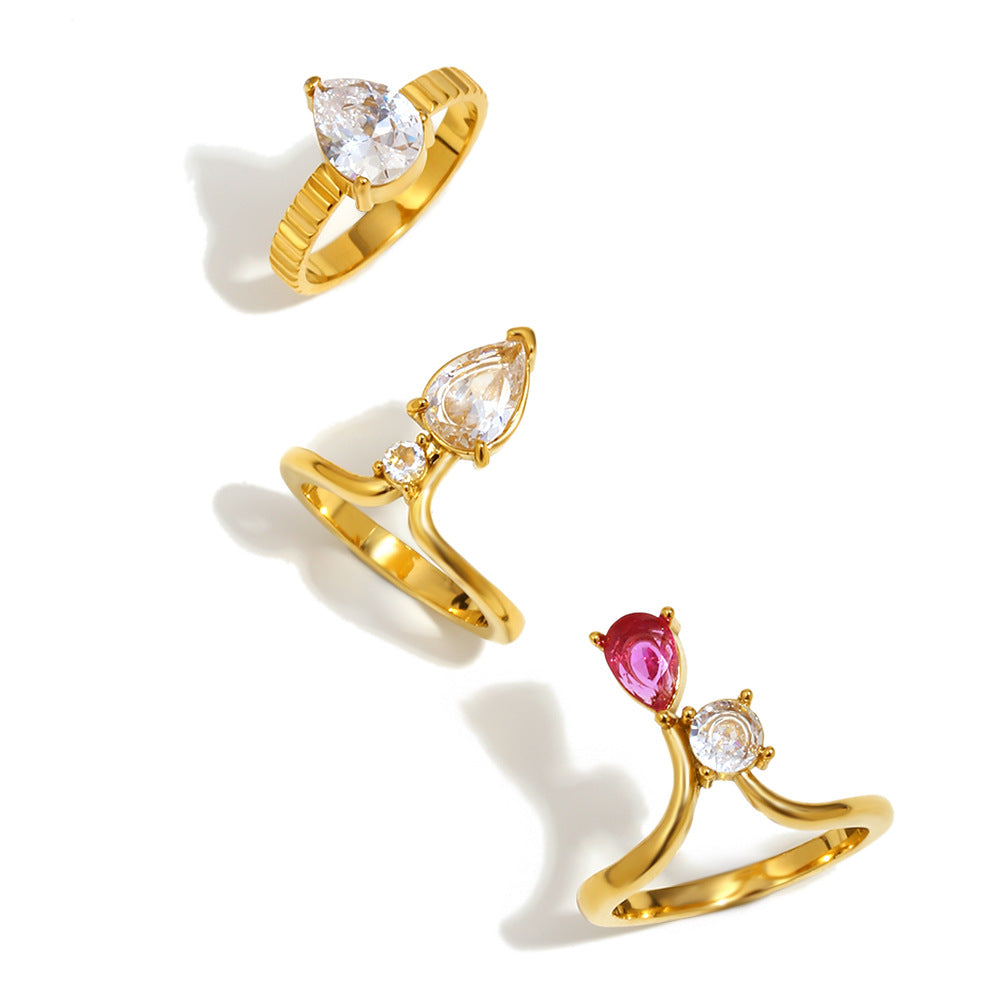 Anillo minimalista de acero inoxidable con chapa de oro de 18k, diseño geométrico y circonitas en forma de lágrima