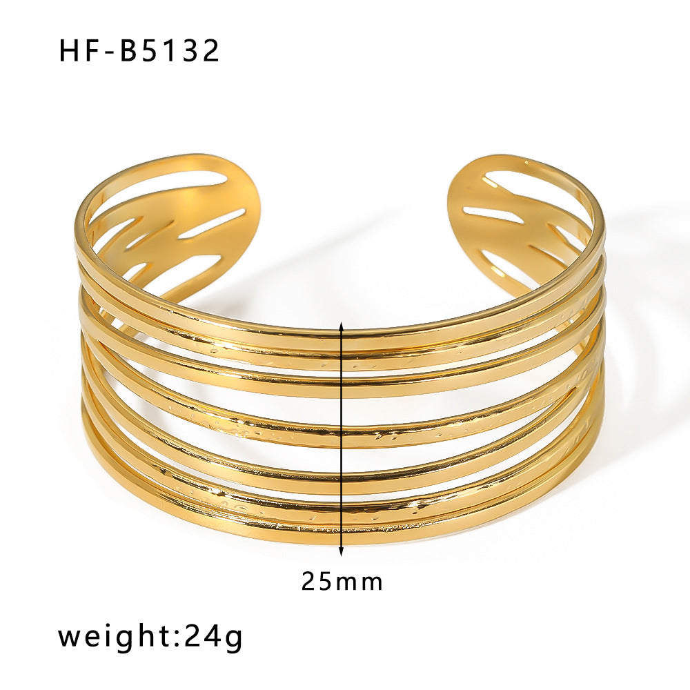 Adjustable Open Bangle Bracelet for Women in Stainless Steel with 18K Gold Plating, Hollow-Out Design, Textured Chain and Irregular Woven Pattern