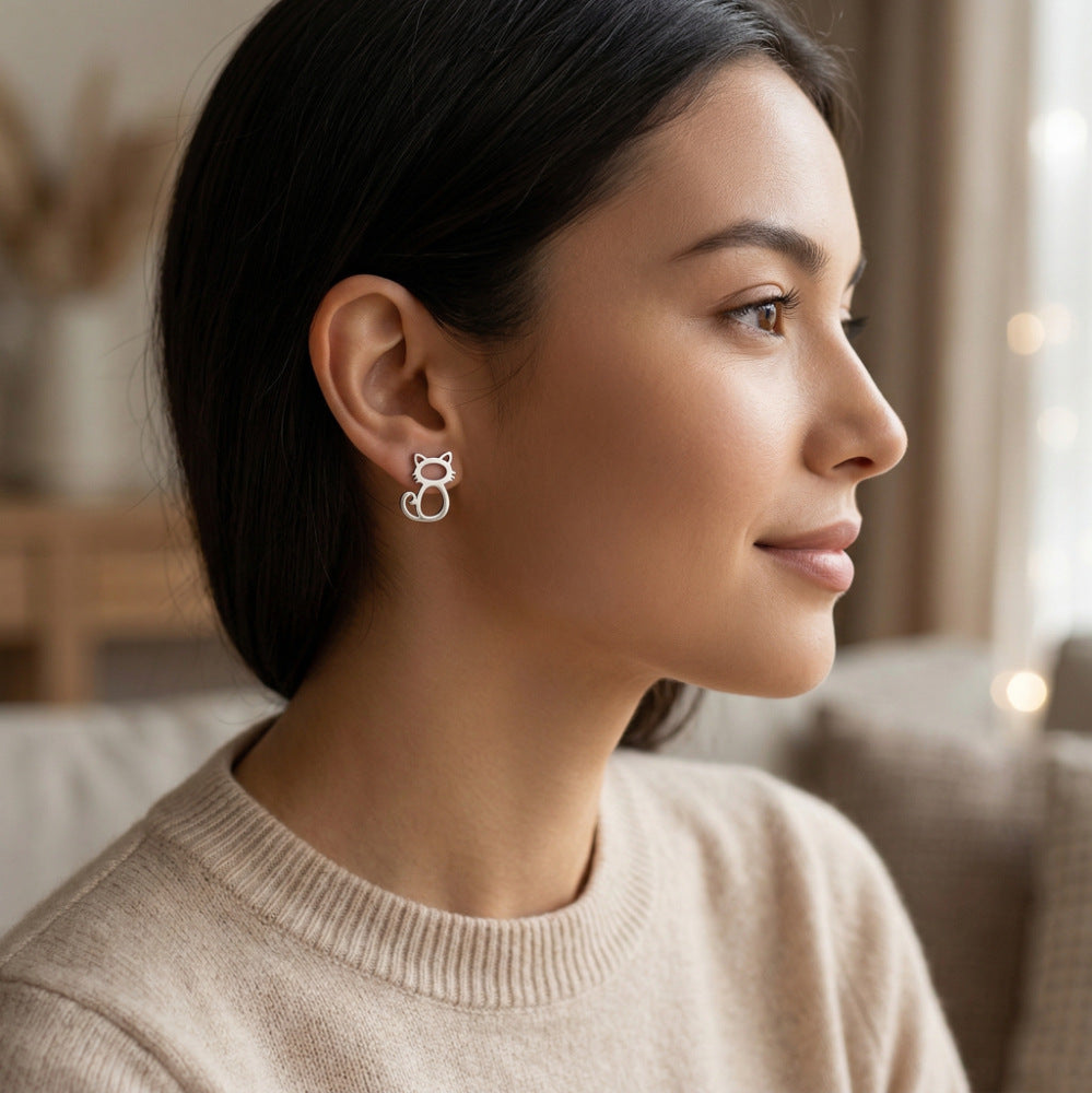Minimalist Stainless Steel Plated Animal Cat Stud Earrings for Women