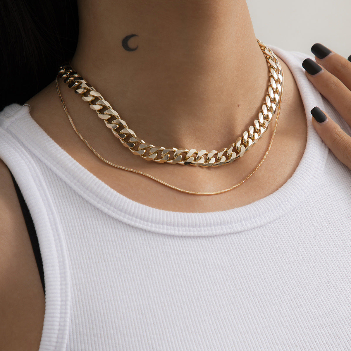 Minimalist Geometric Oval Brass Plated Snake Chain Curb Chain Layered Necklace