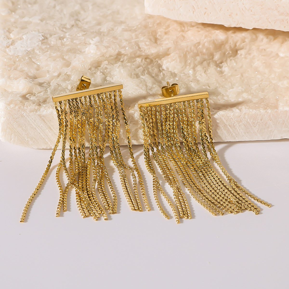 Luxury Stainless Steel Tassel and Chain Earrings for Women with 18K Vacuum Plating Finish
