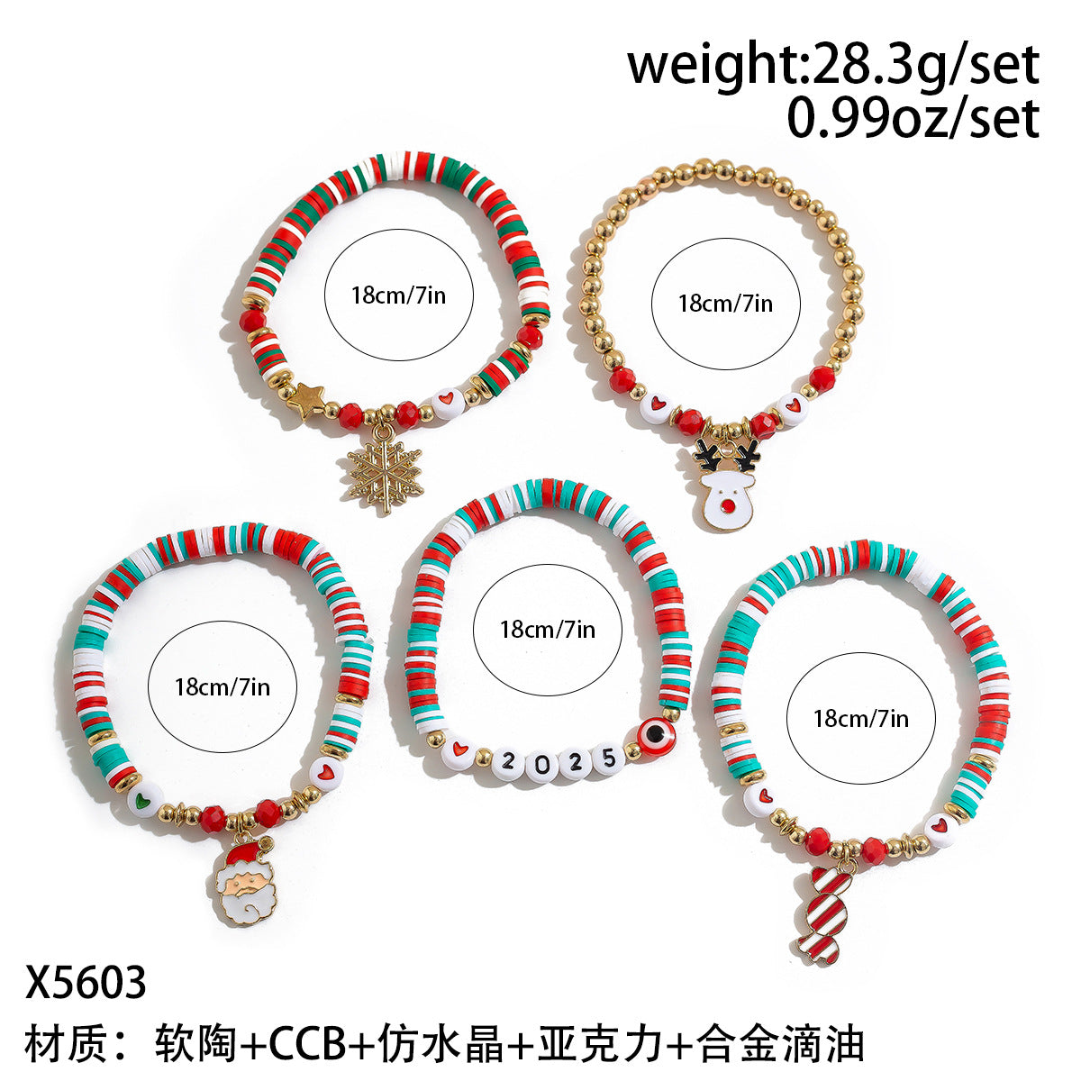 Conjunto de Pulseras de Arcilla Polimérica Hechas a Mano Estilo Dibujo Animado de Navidad con Cuentas de Letras de Muñeco de Nieve, Corazones, Estrellas y Formas Geométricas para Mujer