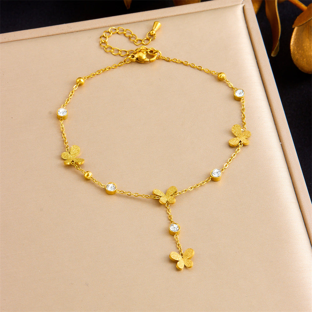 Minimalist Casual Gold Plated Stainless Steel Rhinestone Heart Butterfly Flower Tassel Anklet for Women