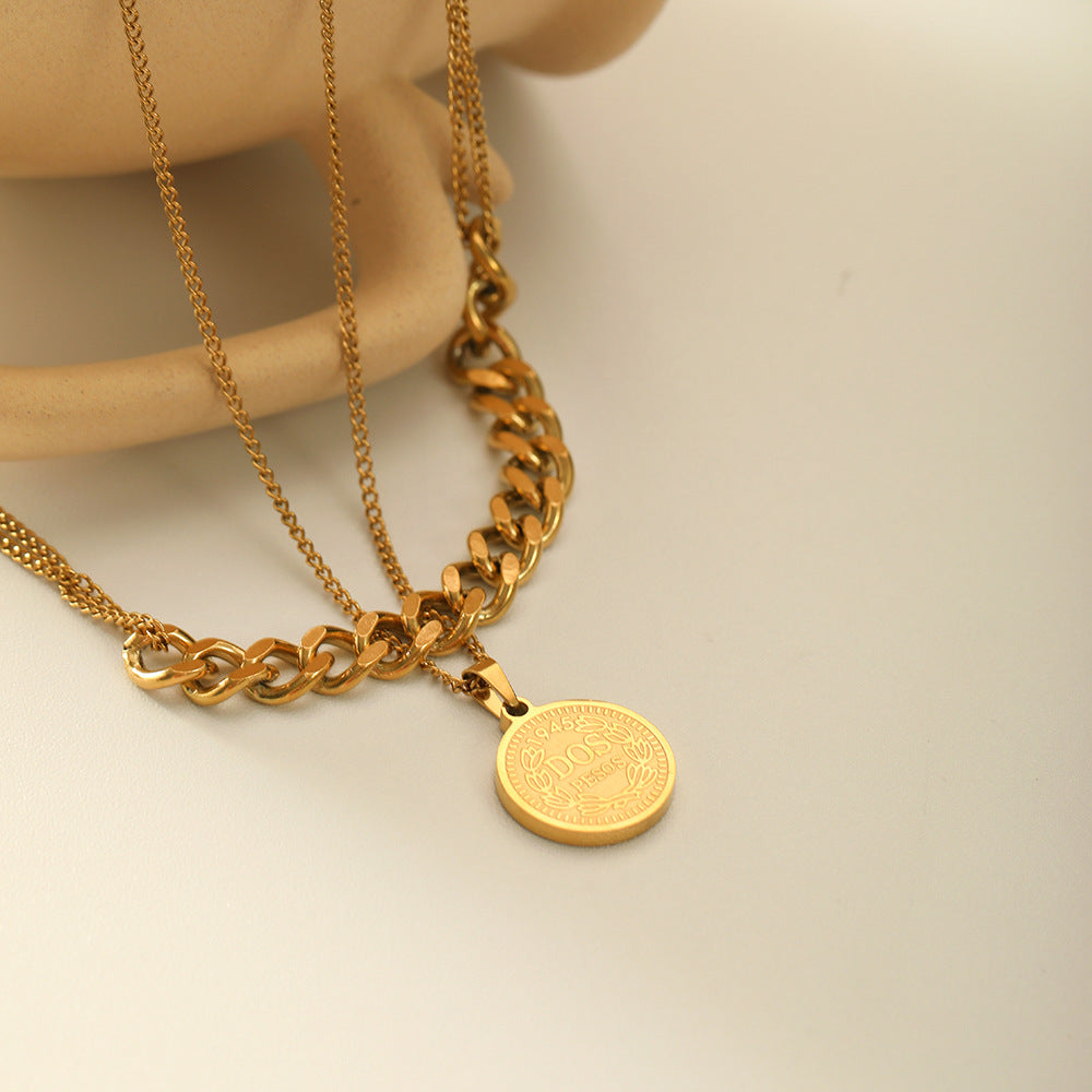 Minimalist Double-Layer Pendant Necklace with Circular Medallion Geometric Shape Titanium Steel Base and 18K Gold Plating for Women