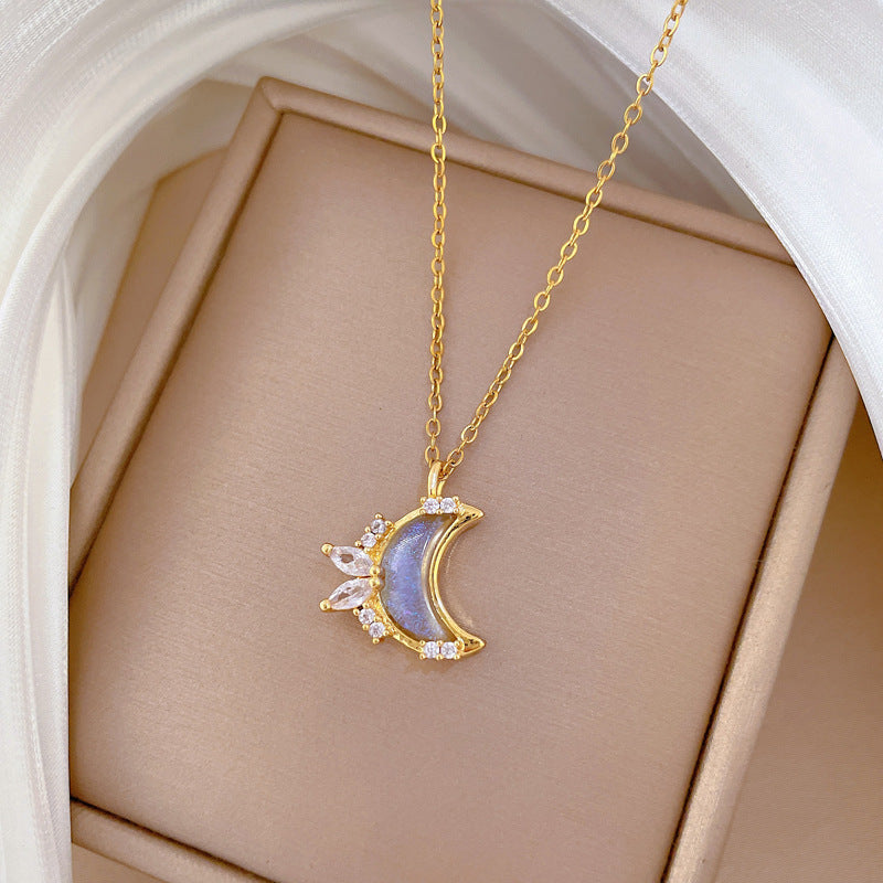 Collar minimalista de acero de titanio con forma de luna y circonitas incrustadas para mujeres y hombres, delicada cadena de clavícula