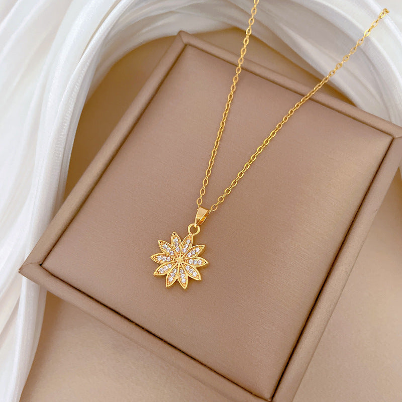 Luxury Full-Rhinestone Daisy Flower Pendant Necklace for Women Titanium Steel Delicate Clavicle Chain with Geometric Design