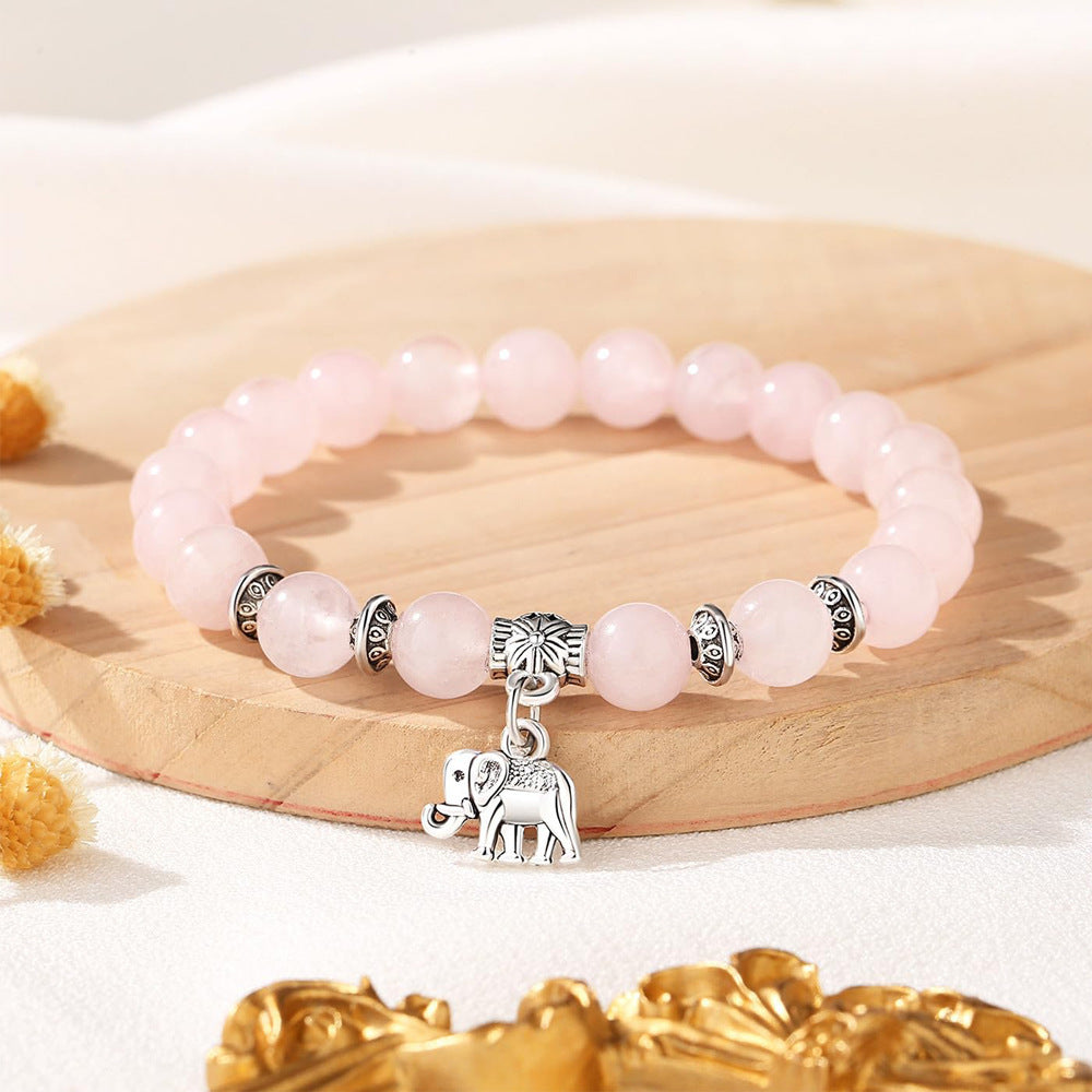8mm Natural Stone Charm Bar Bracelet with Elephant Amethyst Amazonite Rose Quartz Fluorite Unisex Handmade Jewelry