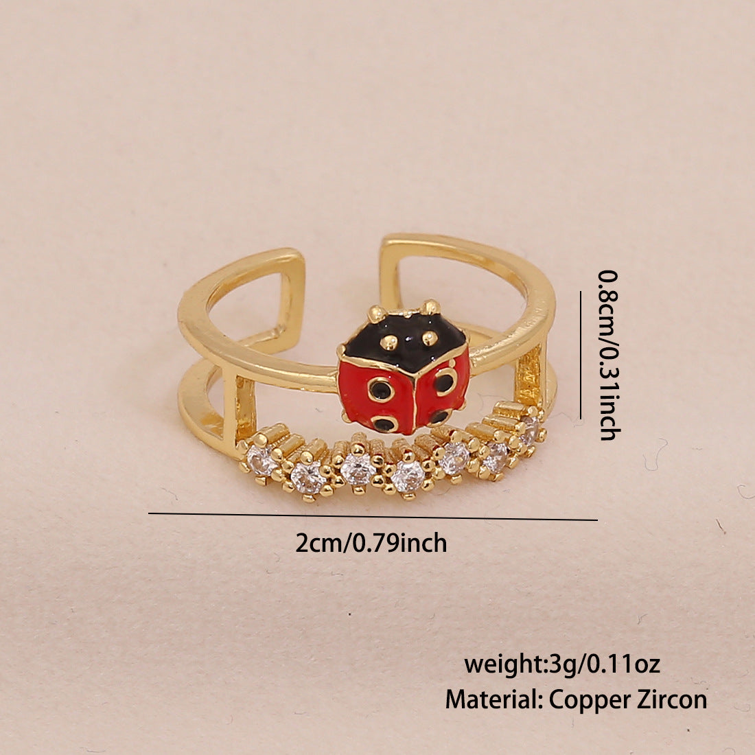 Cute Ladybug Ring in Copper with Enamel Finish for Women, Insect-Shaped Vintage-Inspired Jewelry