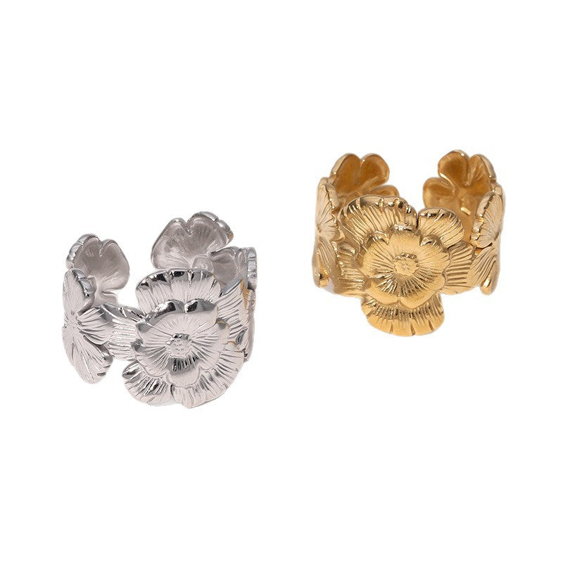 Minimalist Floral Open Ring in Stainless Steel with 18K Gold Plating for Women