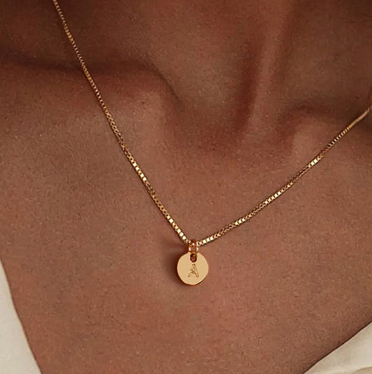 Minimalist Round Letter Pendant Zinc Alloy Plated Necklace Box Chain Women