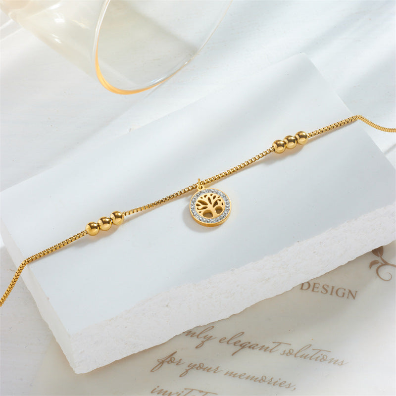 Minimalist Luxury Golden Titanium Steel Tree of Life Anklet with Gold Beads