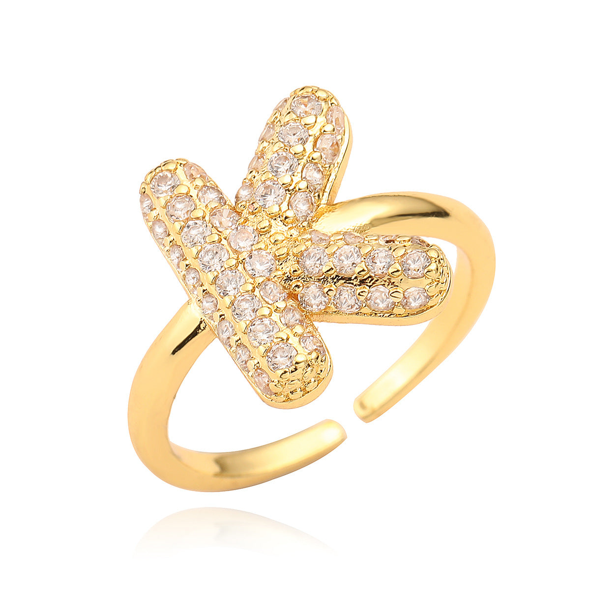 Anillo de cobre minimalista de forma geométrica con letras, chapado en oro de 18K y detalles de circonita para mujer