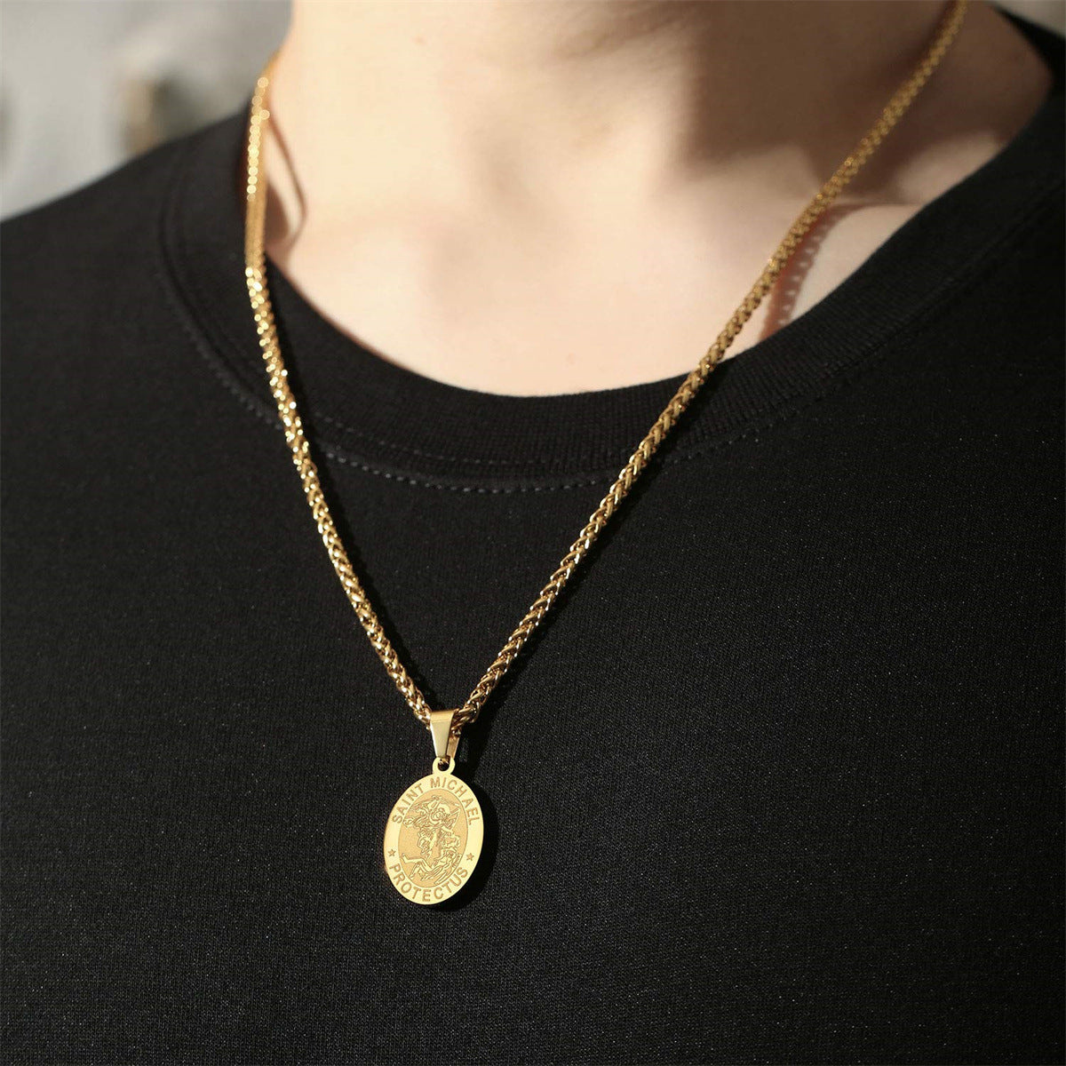 Minimalist Geometric Saint Michael Medal Pendant Necklace for Women in Stainless Steel with Plated Finish