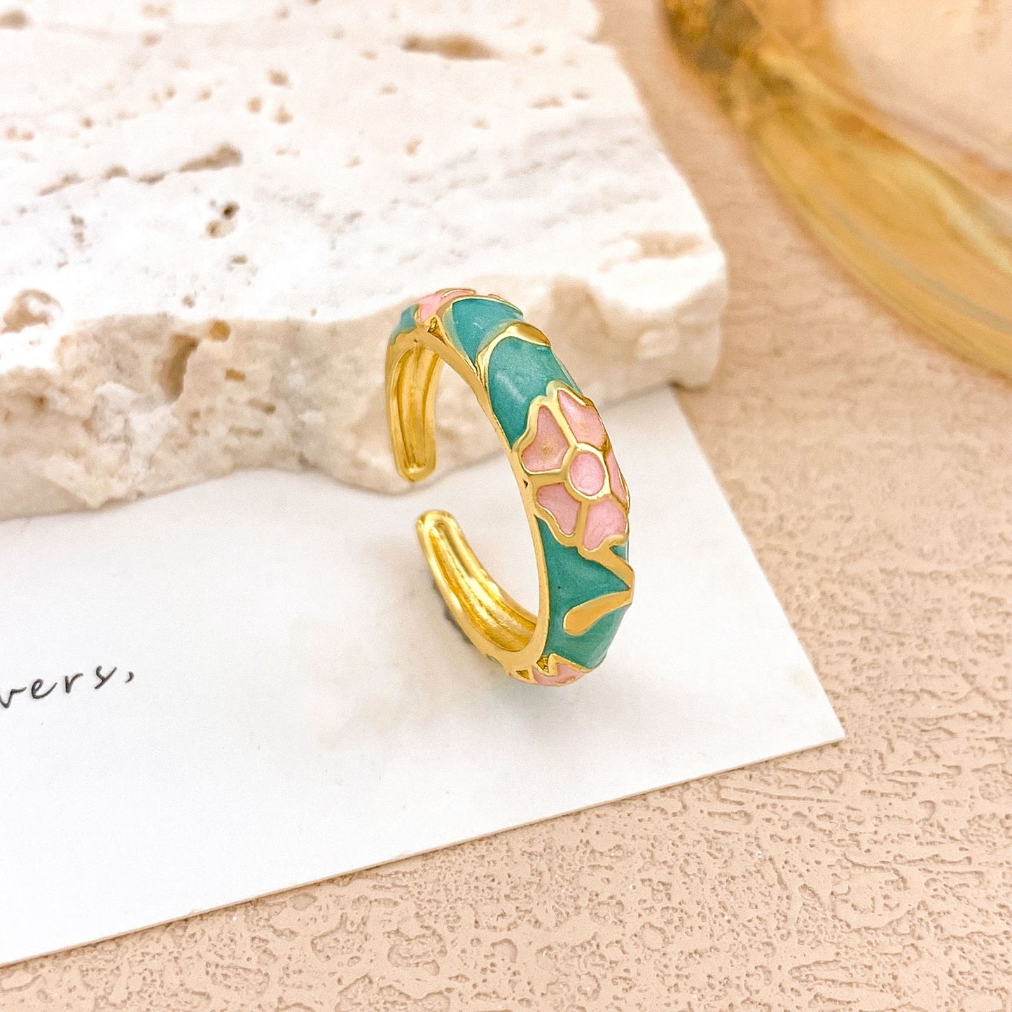 Anello da donna in lega smaltata floreale elegante di lusso