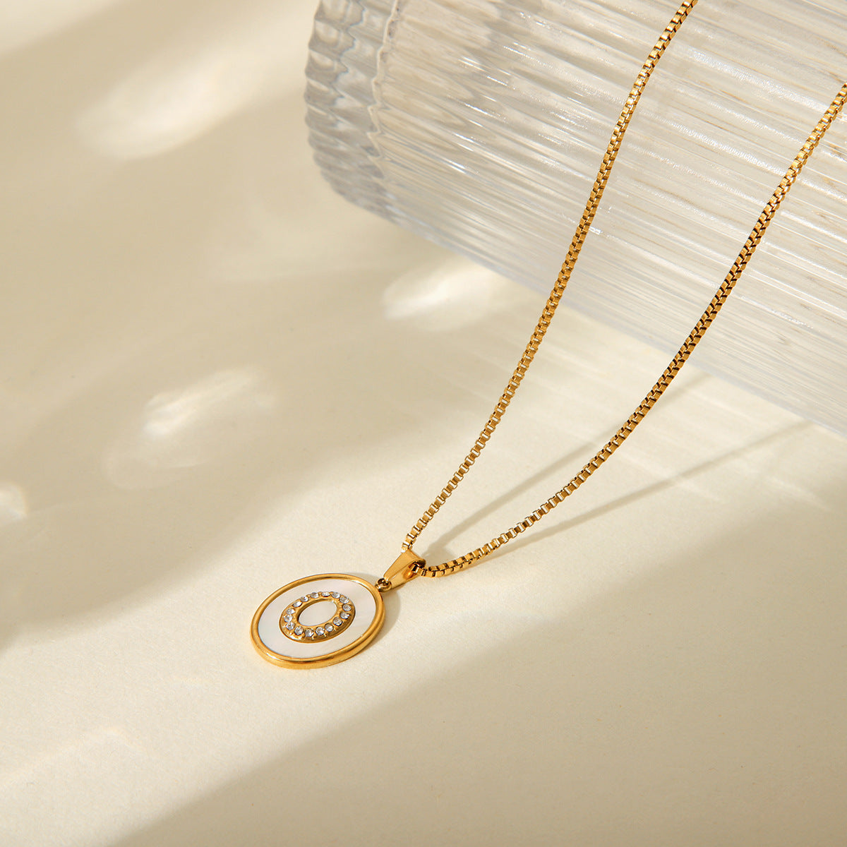 Trendy Geometric 18K Gold Plated Stainless Steel Necklace with White Mother of Pearl Inlay Box Chain