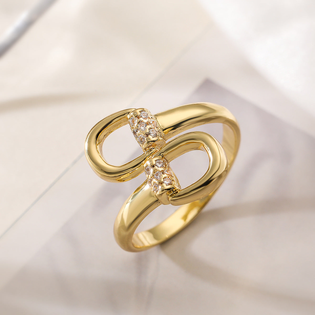 Minimalist Irregular Geometric Copper Ring with Real Gold Plating and Zircon Inlay for Women