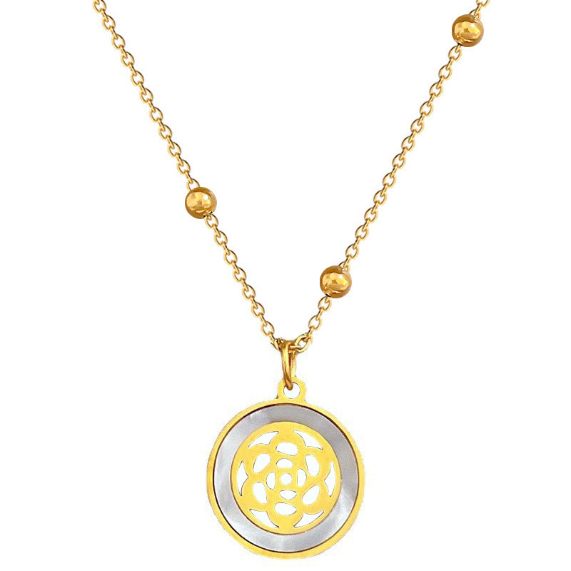 Minimalist Geometric Titanium Steel Necklace with Gold Plating for Women Featuring Camellia and Seashell Design Locket Pendant