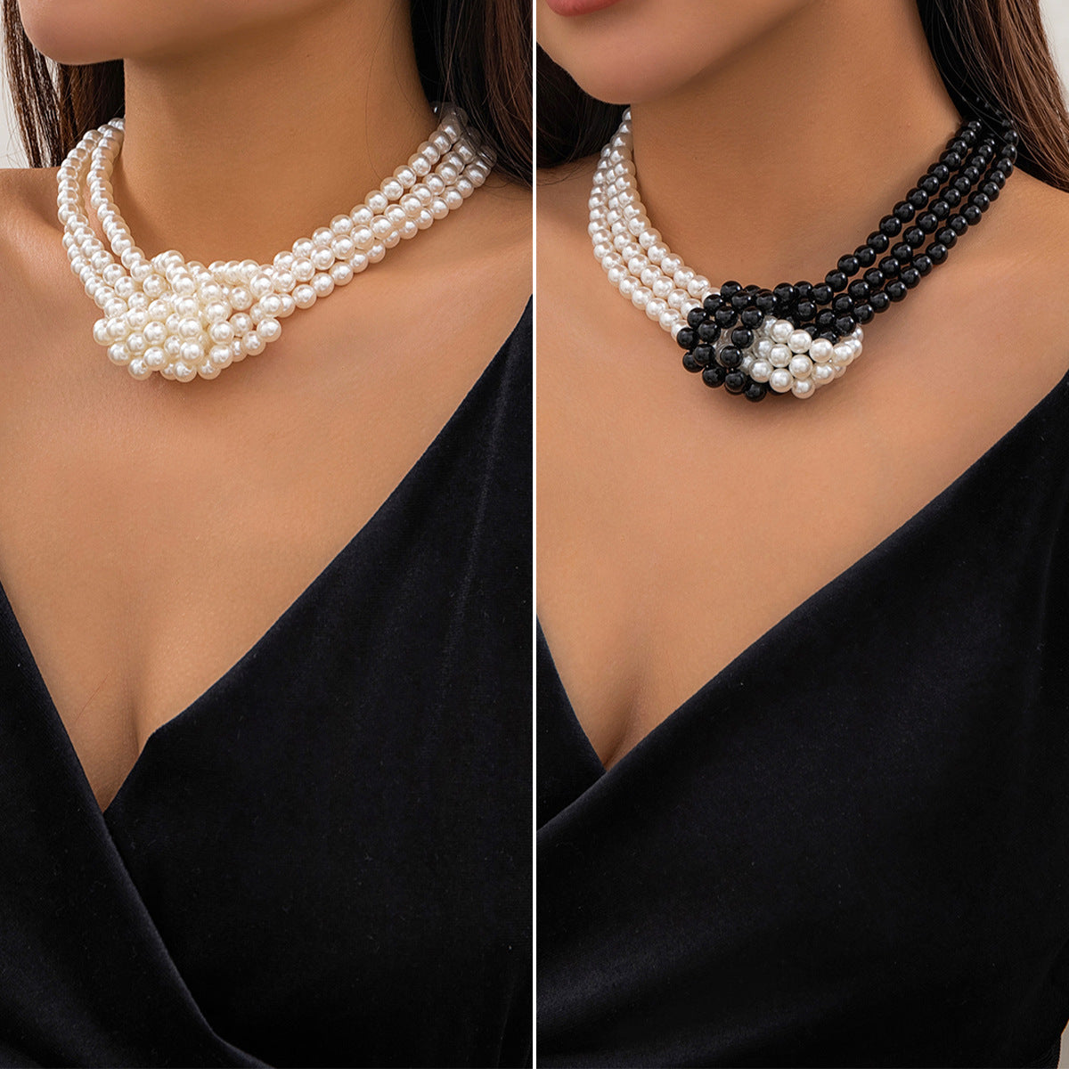Vintage Style Geometric Knot Multi-Layer Imitation Pearl Necklace for Women with Beaded Ball Chain Choker