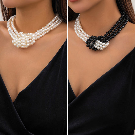 Collar de perlas de imitación multicapa con nudo geométrico de estilo vintage para mujer con gargantilla de cadena de bolas y cuentas