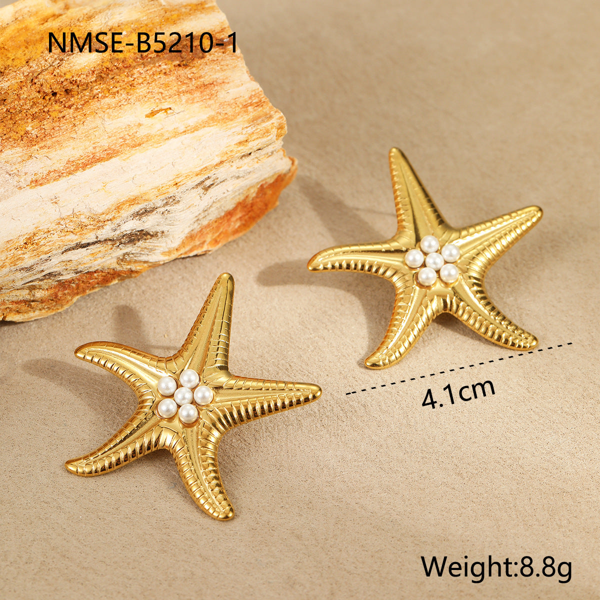 Conjunto de collar, anillo y pendientes de perlas con diseño de estrellas de mar, inspirados en el océano, de acero inoxidable con baño de oro para mujer