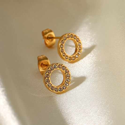 Women's Titanium Steel Geometric White Hollow Round Cubic Zirconia Stud Earrings with 18K Gold Plating