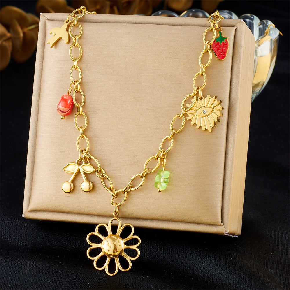 Elegant Stainless Steel Drip Oil Moon Sun Flower Pendant Necklace with Cable Chain for Women
