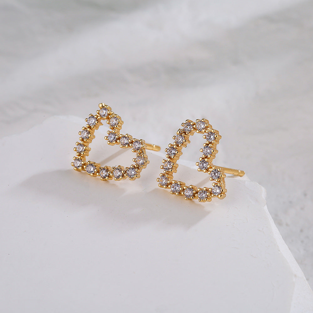 Minimalist Heart-Shaped Copper Earrings with 18K Gold Plating and Micro-Pave Zirconia for Women