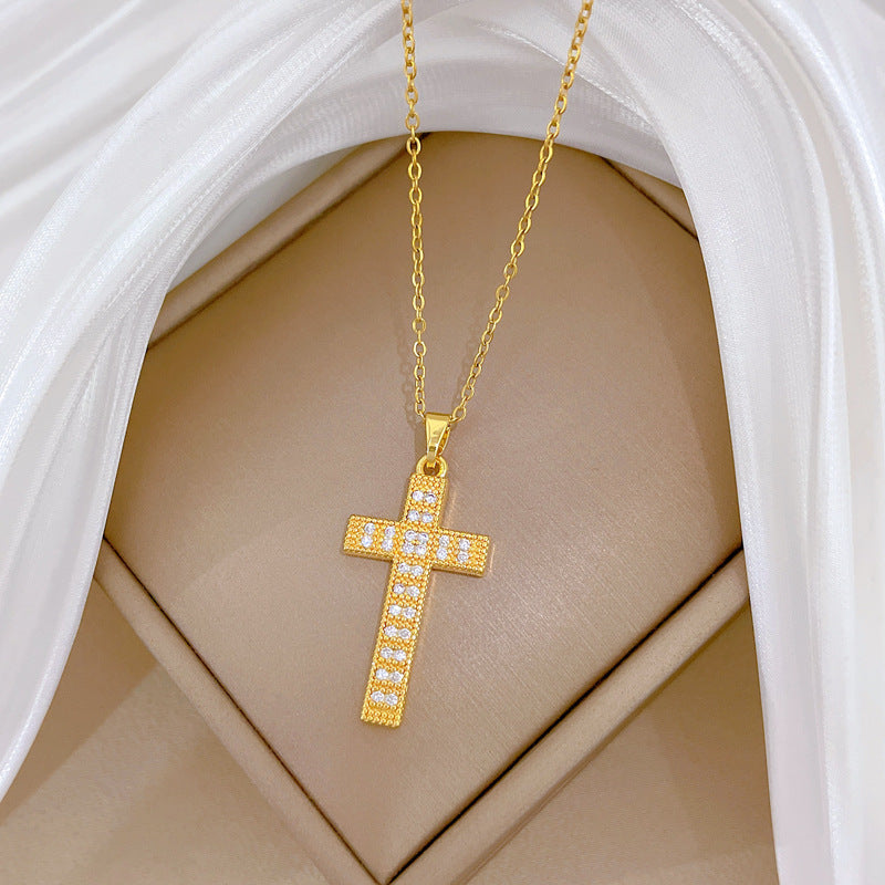 Sweet Luxury Cross Cubic Zirconia Titanium Steel Necklace for Unisex