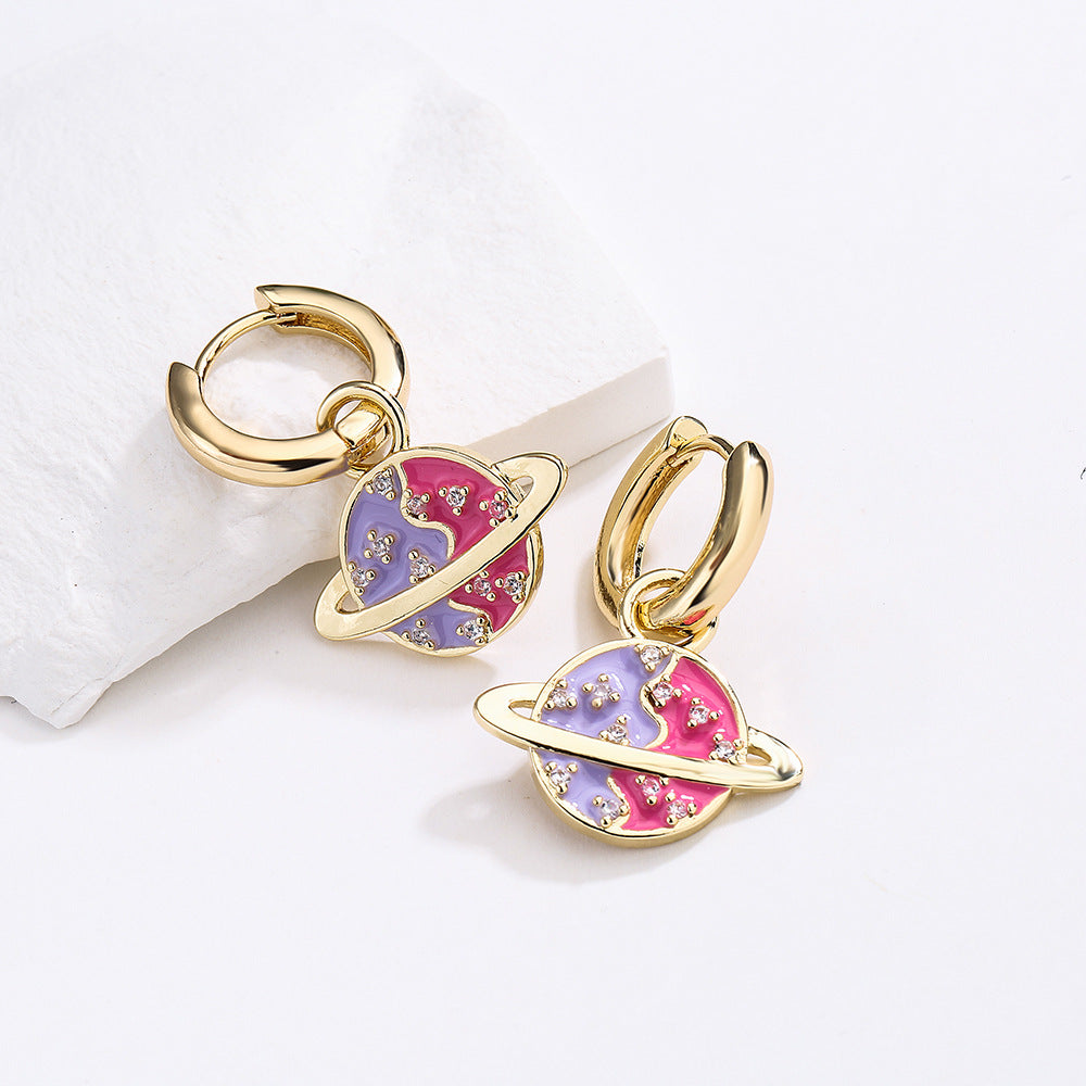 Orecchini Minimalisti Geometrici in Rame con Placcatura Oro 18K Intarsi in Strass e Design a Terra Smaltato per Donna