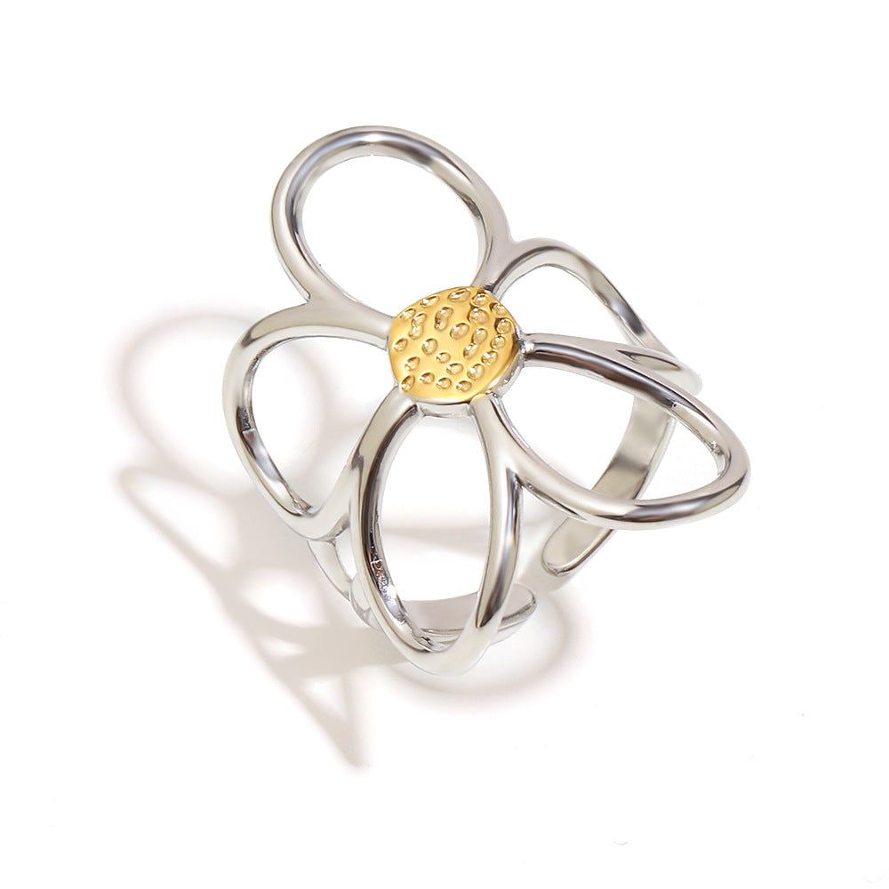 Anello aperto floreale oversize vintage in acciaio inossidabile placcato oro 18 carati da donna