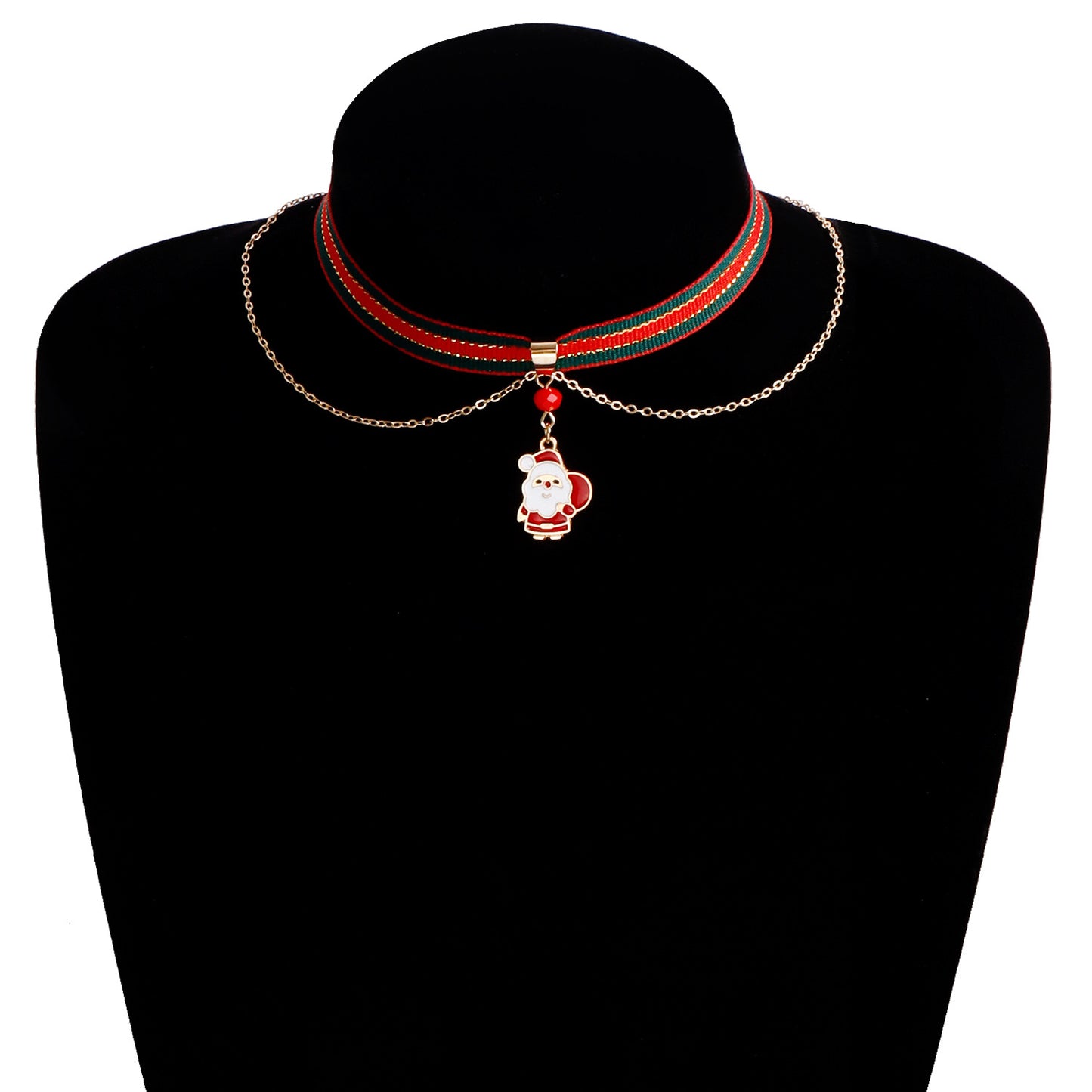 Christmas Santa Pendant Necklace with Enamel Finish on Metal Chain for Women