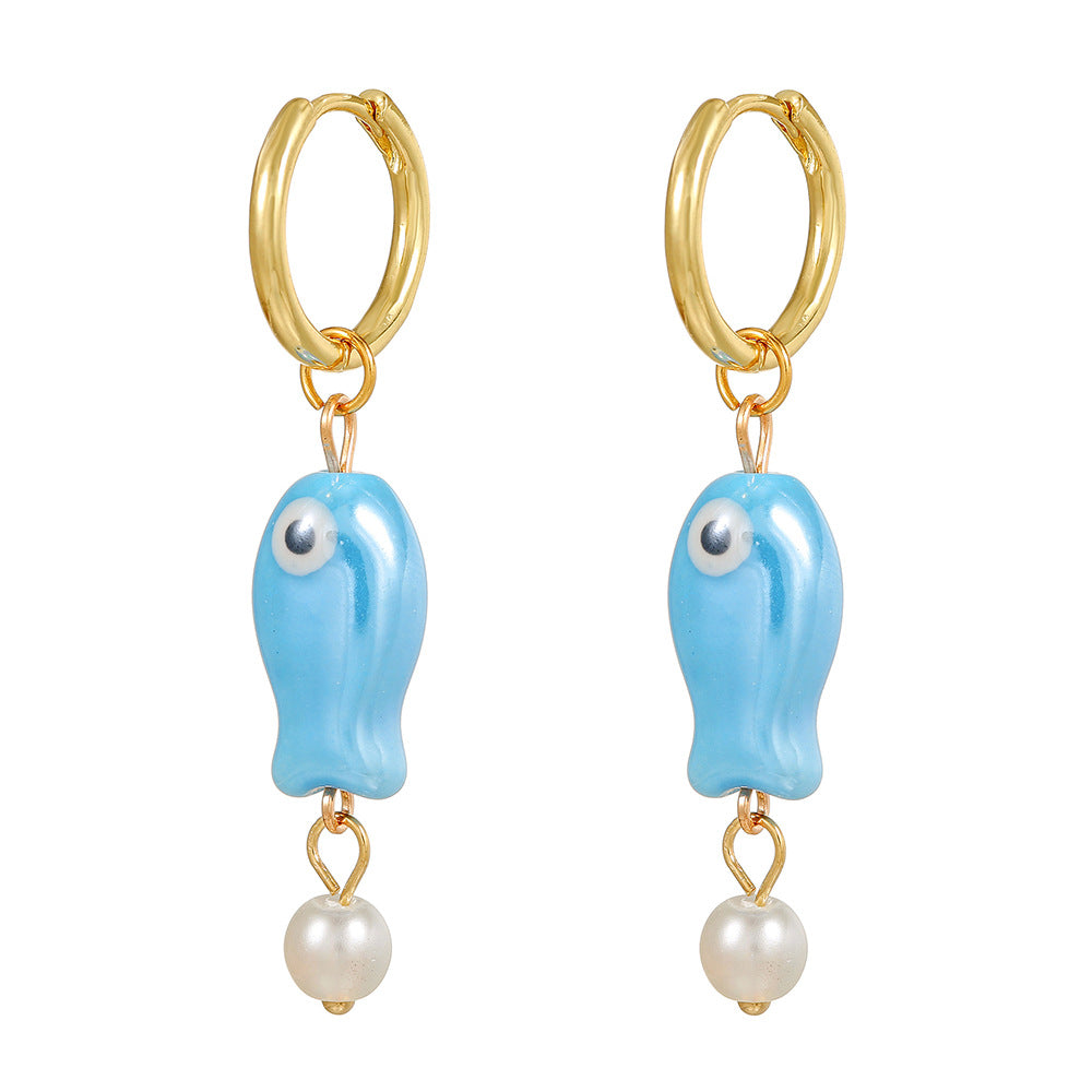 Cute Cartoon Fish Geometric Round Ceramic Brass Earrings for Women