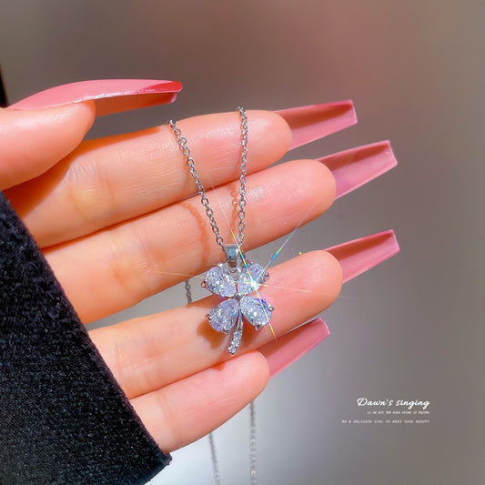 Exotic Style Geometric Titanium Steel Micro-Paved Full Rhinestone Small Grass Pendant Necklace for Women Clavicle Chain