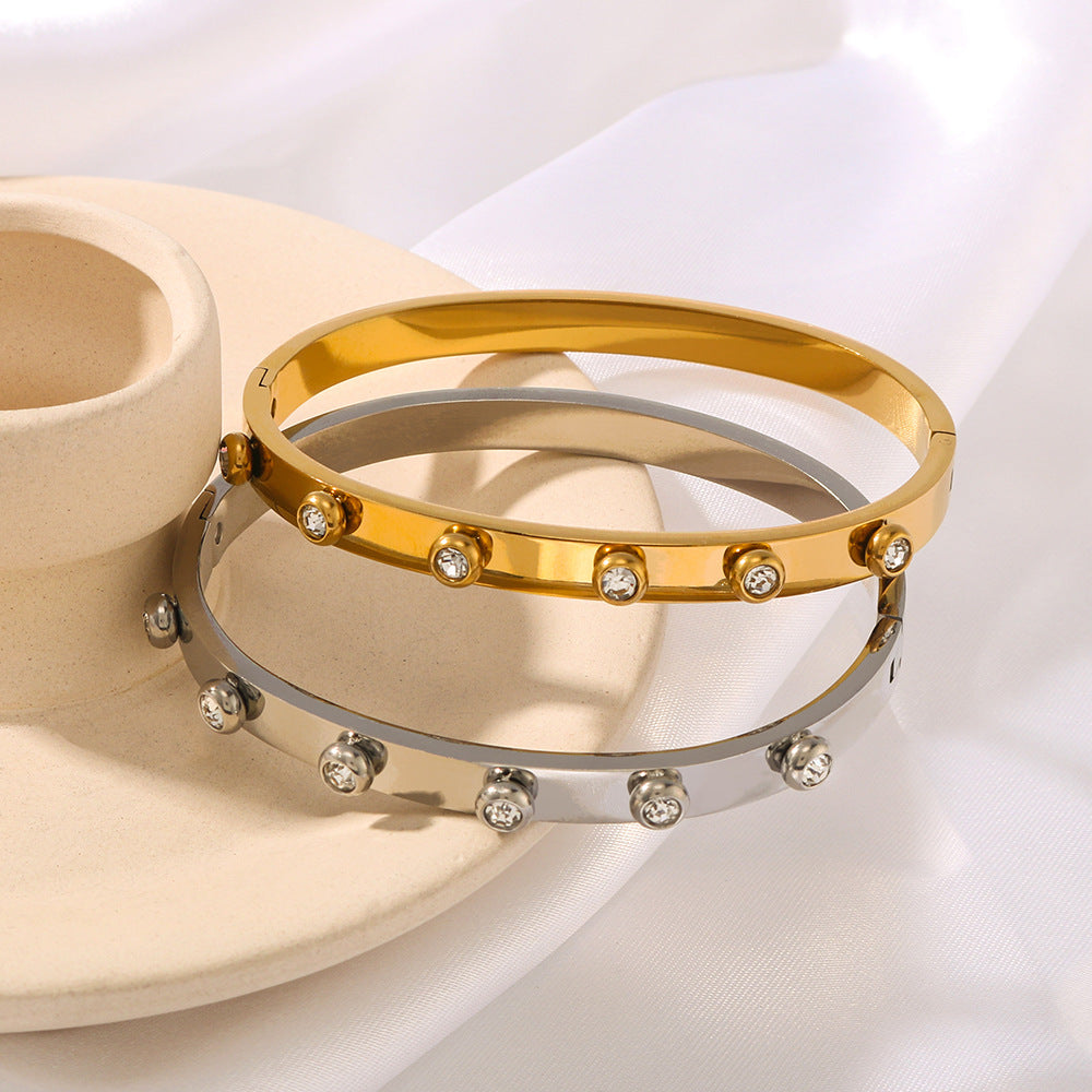 Fashionable Ins Style 18K Gold Plated Stainless Steel Round Zircon Irregular Buckle Bracelet for Women