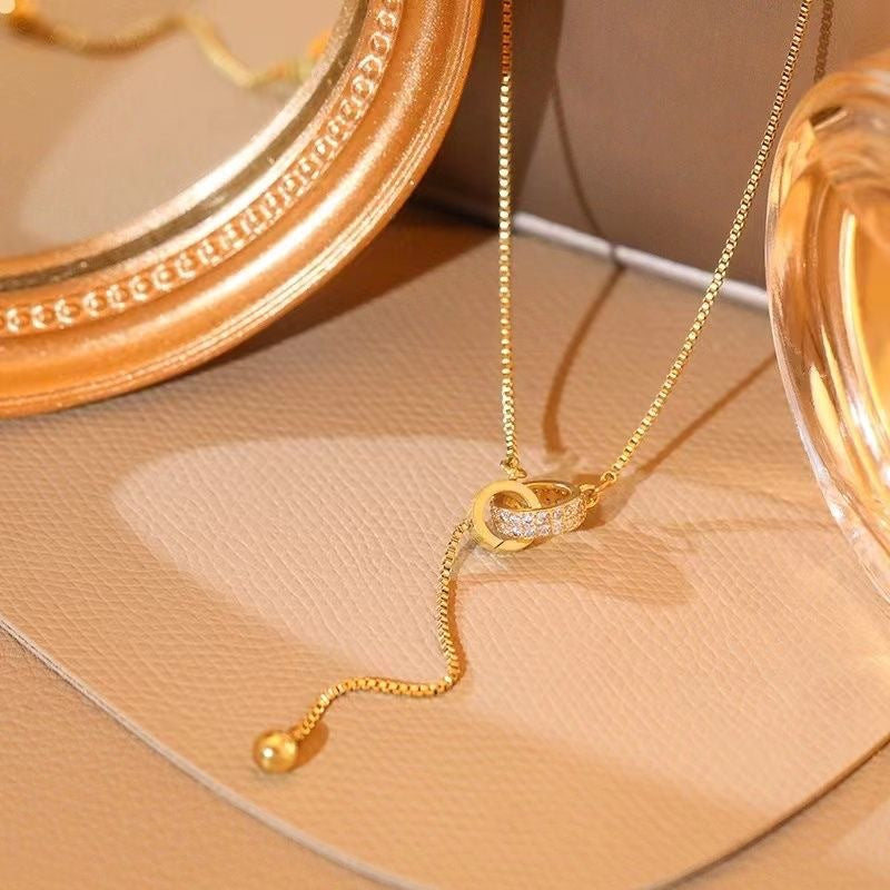 Elegant Minimalist Double Ring U-Shape Titanium Steel Plated Rhinestone Tassel Necklace for Women
